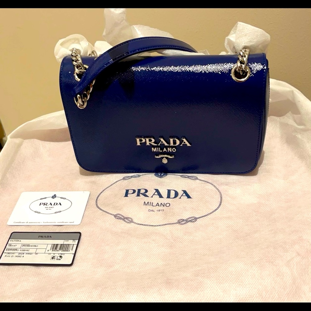 Prada Pattina Saffiano Vernice Small Ink (Blue) Patent Leather Shoulder Bag .